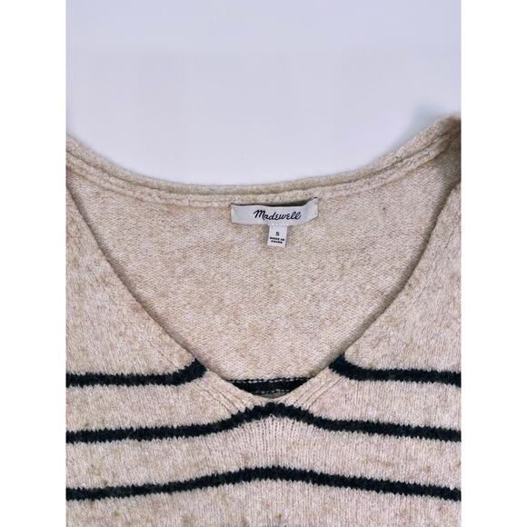 Madewell Merino Wool Oatmeal & Dark Green Striped V Neck Sweater Women’s Small - Picture 7 of 12